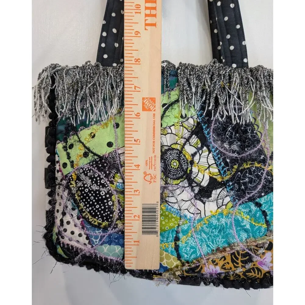 Quilted Patchwork Tote Purse Bag Boho Mixed Media Fringe Pikake Design Embelish